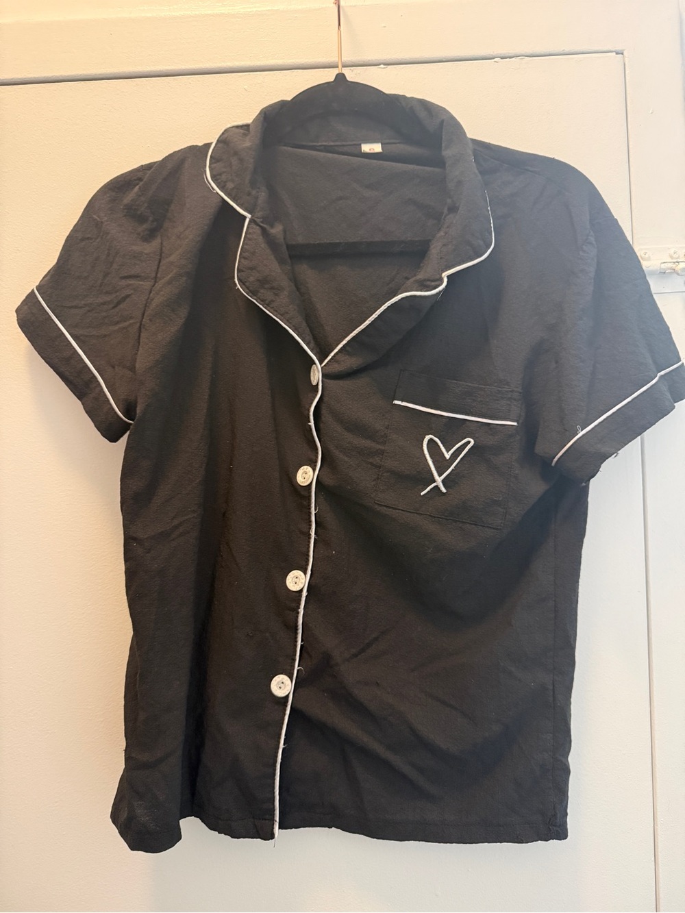 Black Short-Sleeve Button-Up Sleep Shirt with White Piping